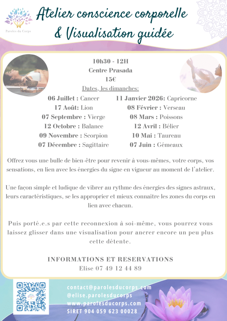 affiche annonce atelier centre prasada conscience corporelle méditation guidée astrologie
